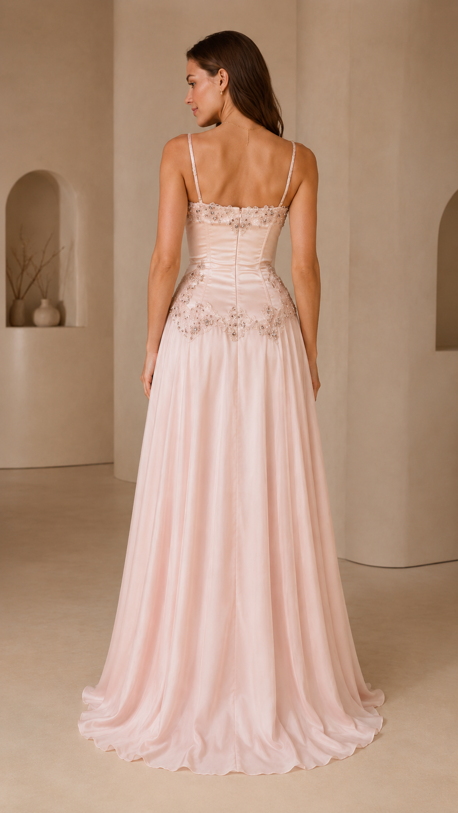 Blush pink embroidered satin-look maxi evening dress back view