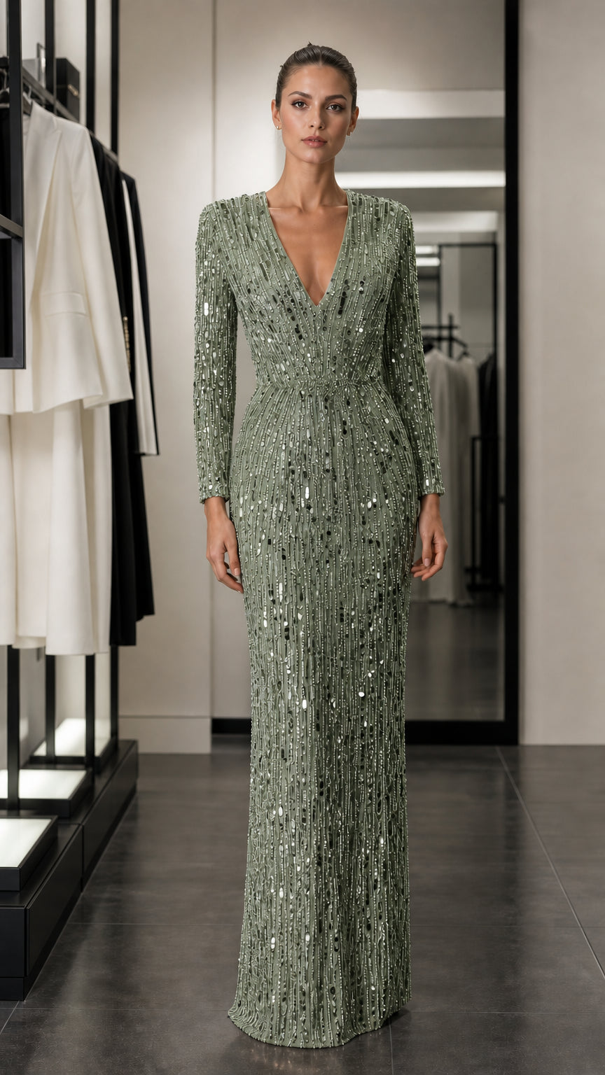 Front view of sage green sequined evening gown
