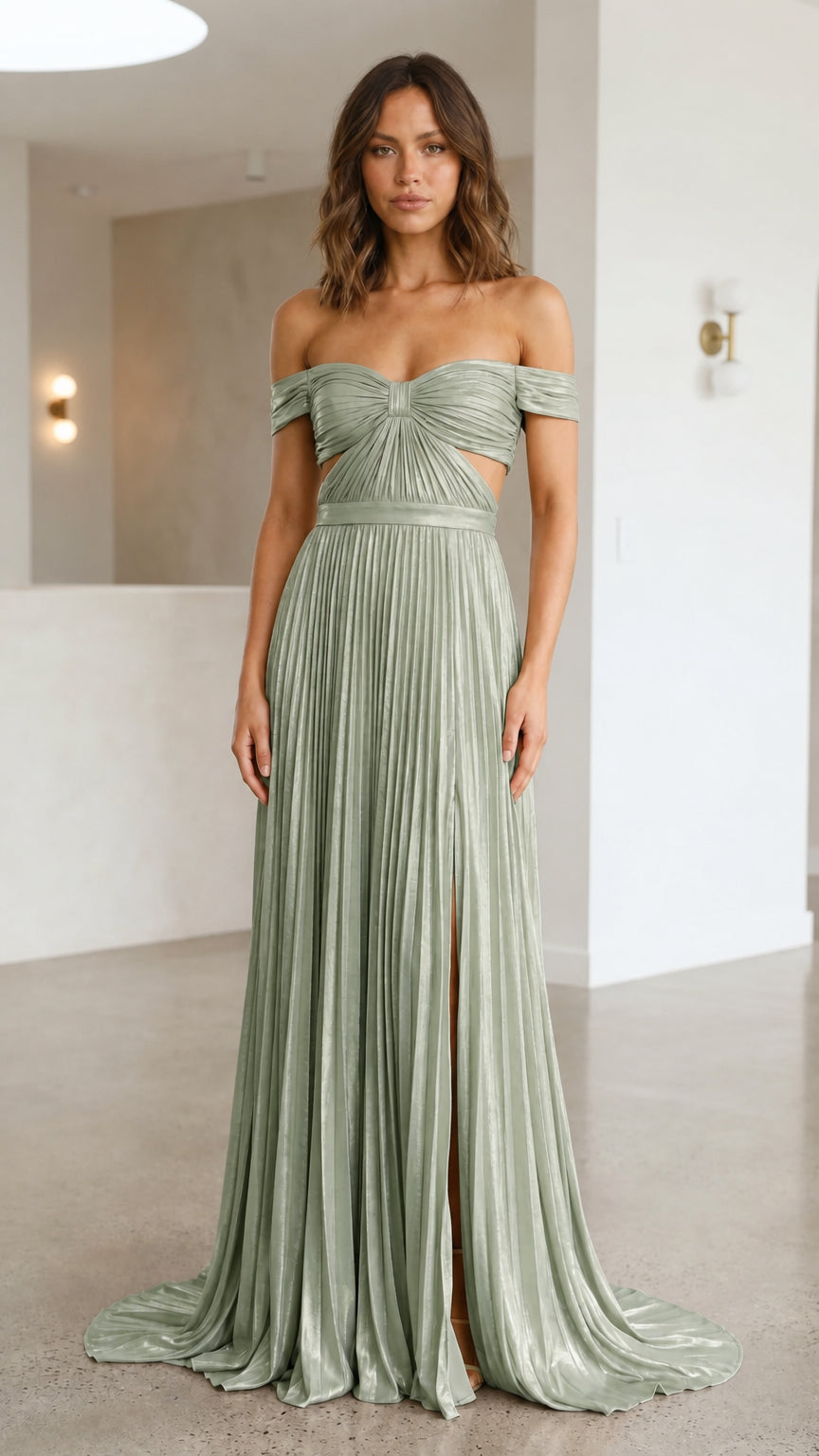 Front view of sage green metallic off-shoulder maxi dress