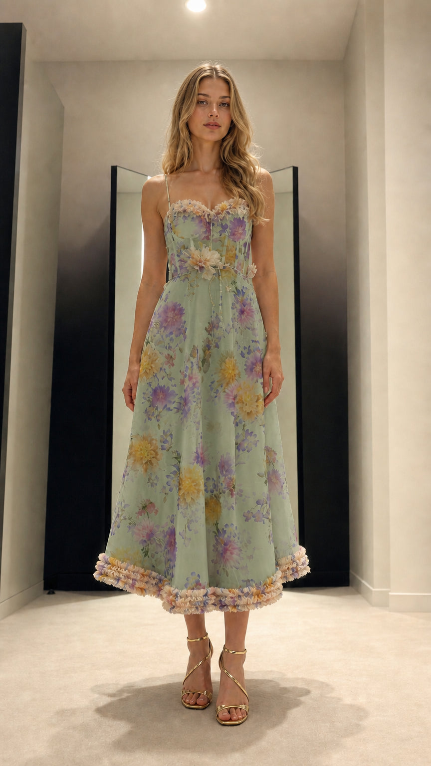 Full front view of mint floral corset midi dress