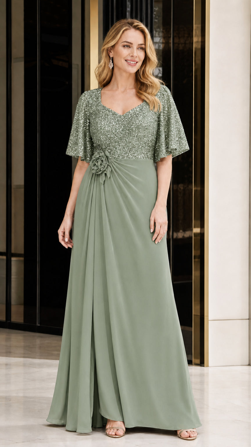 Front view of sage green sequin evening gown