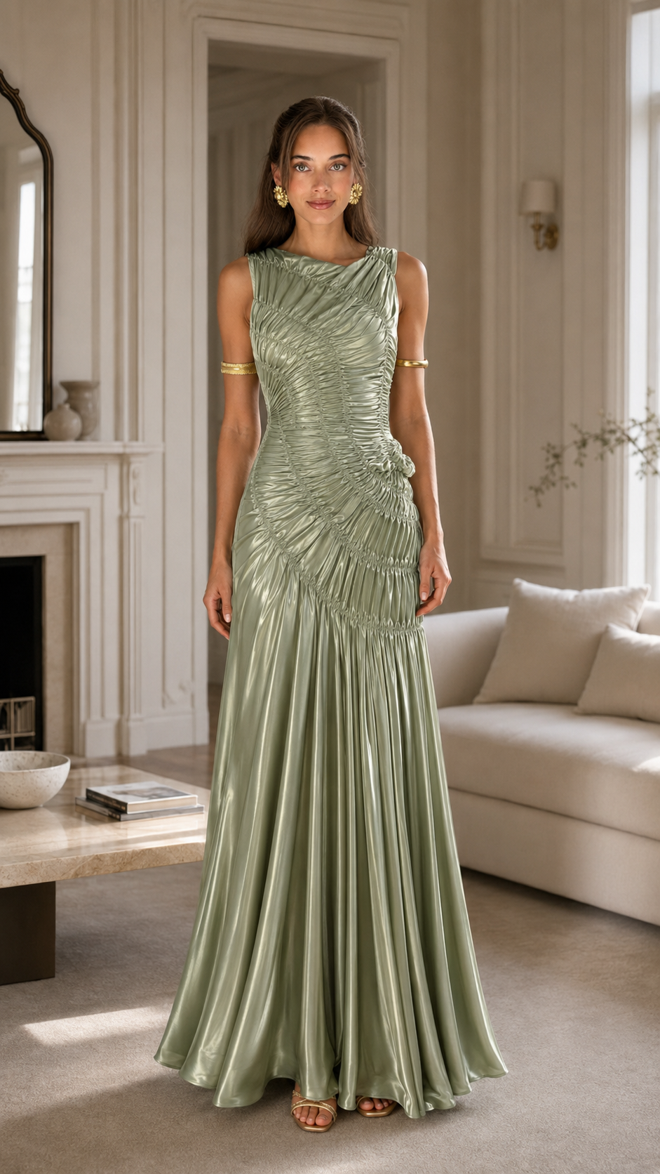 Front view of sage green ruched sleeveless satin-look mermaid maxi evening gown