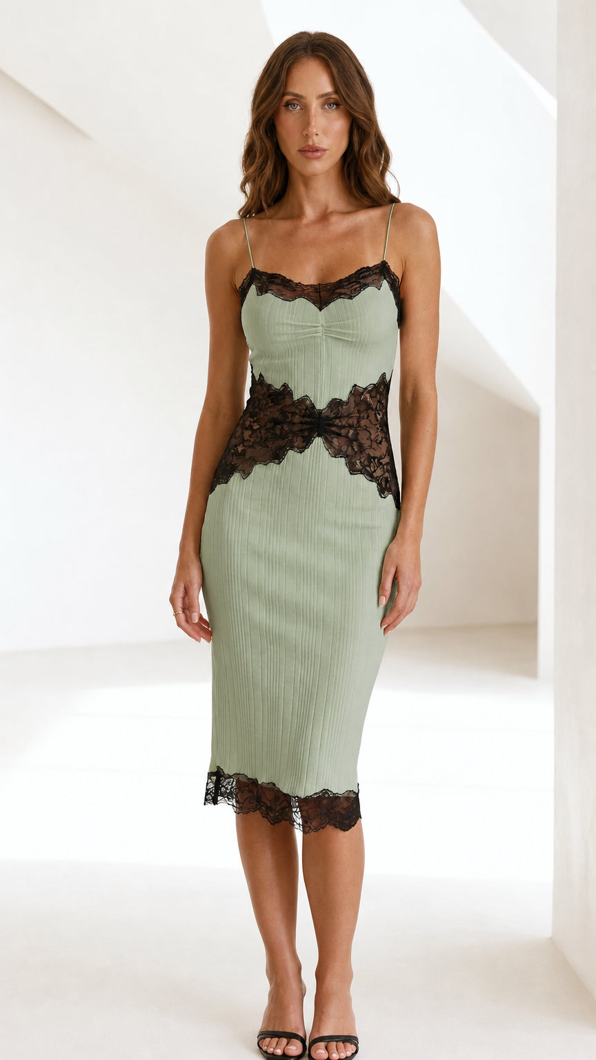 Front view of Sage lace trim midi cami dress