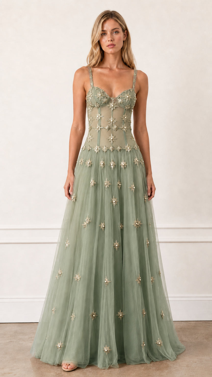Front view of Sage embroidered starburst tulle evening gown