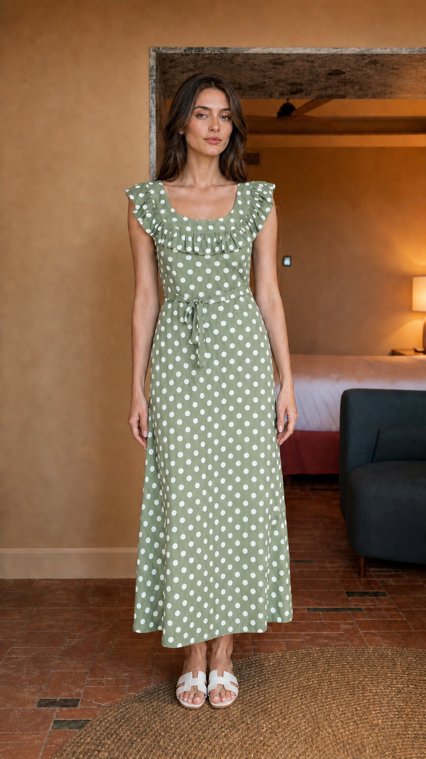 Woman wearing green polka dot midi dress