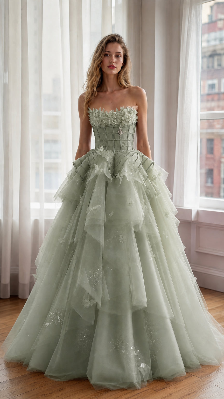 Sage Green Tulle Ball Gown Front View