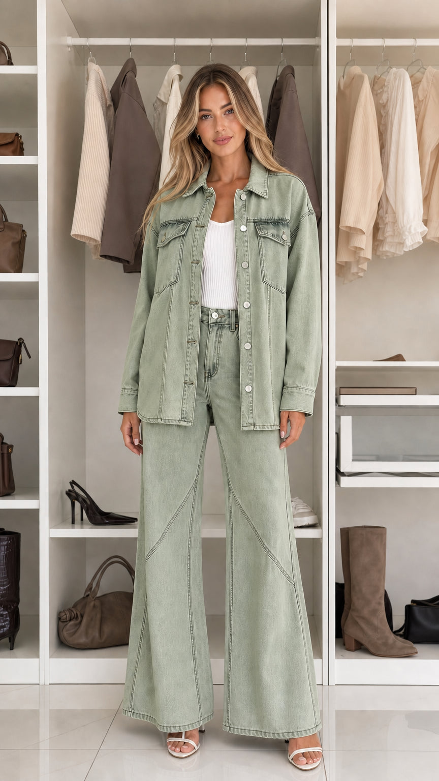 Front view of woman wearing sage green denim shacket and wide leg pants set