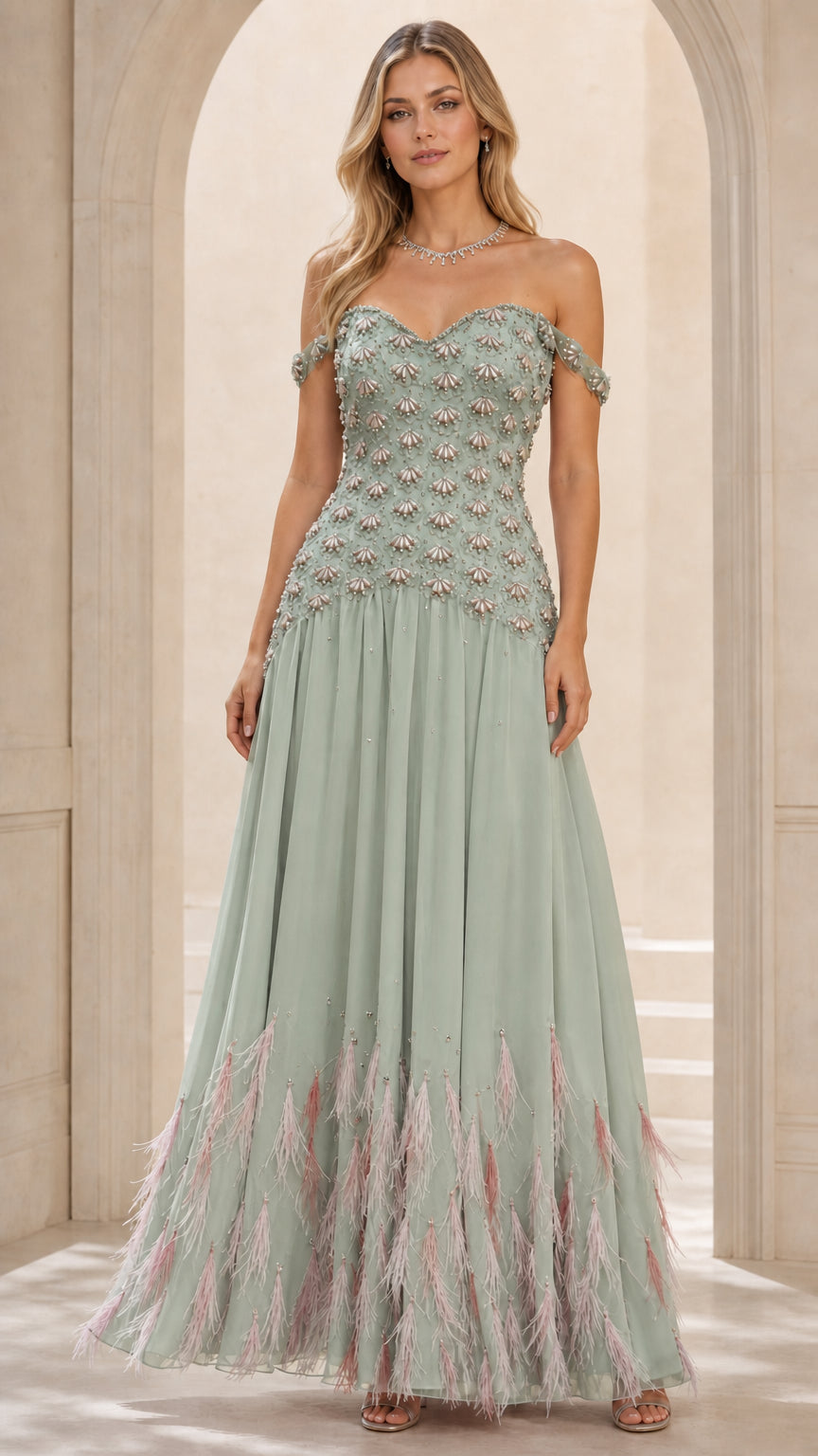 Front view of sage green evening gown with feathered hem