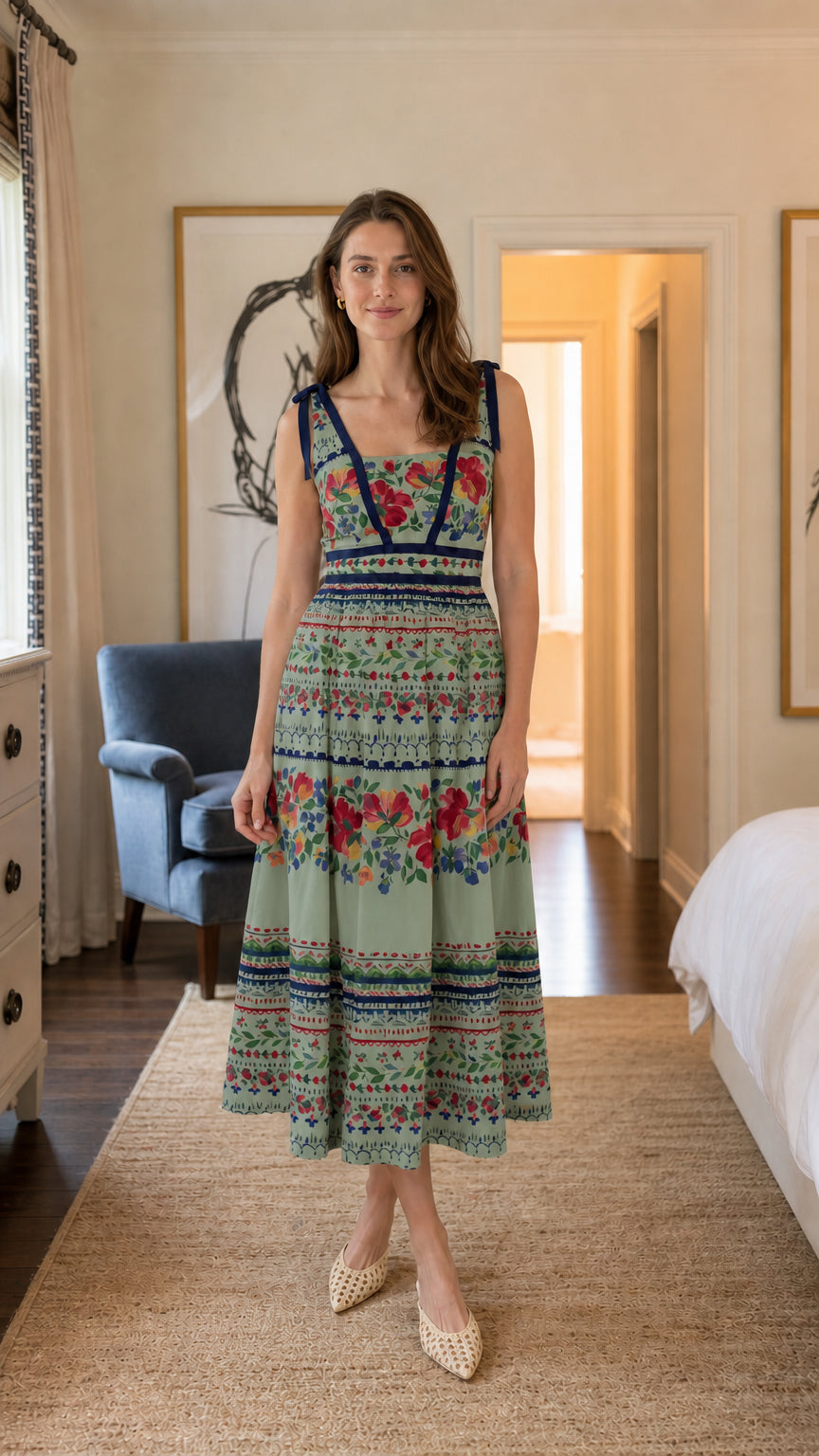 Full view of woman wearing sage green floral print midi dress