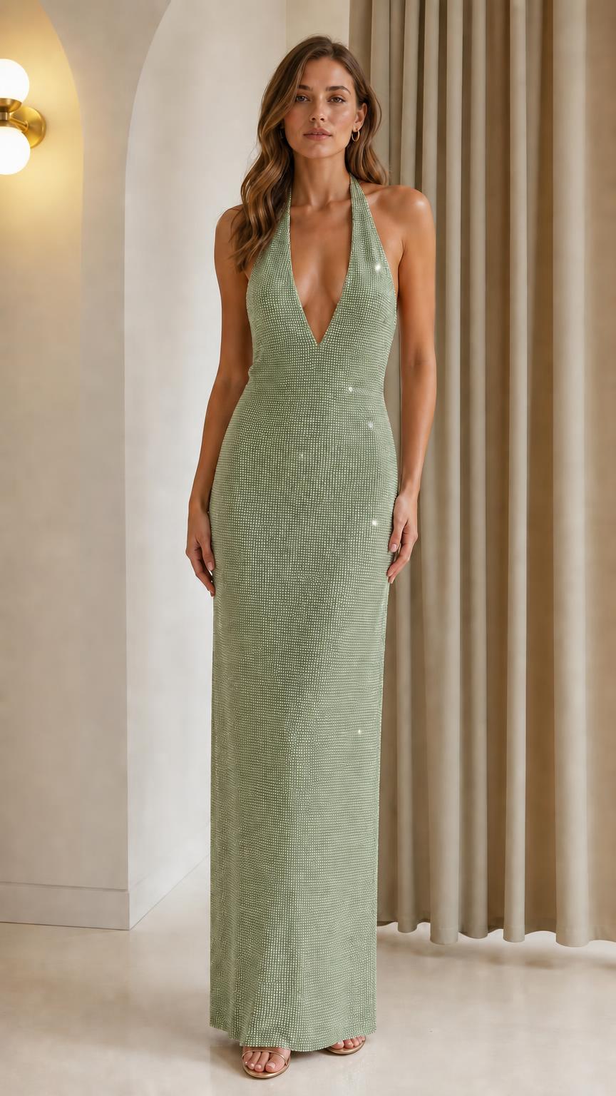 Model wearing sage green glitter rhinestone halter evening dress