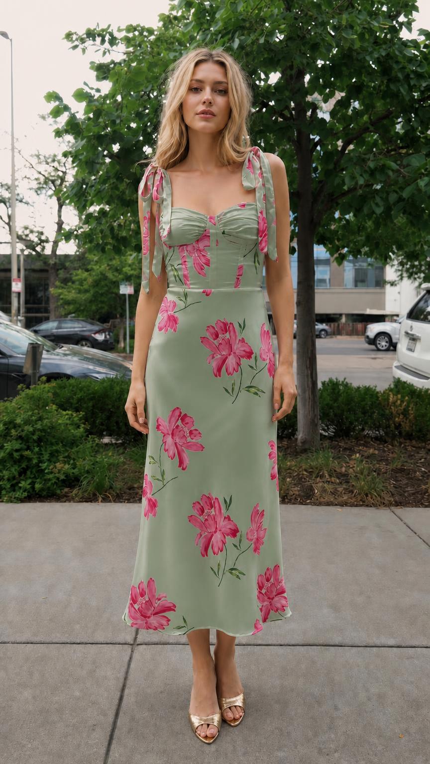 Front view of sage green floral print tie-strap midi dress on model