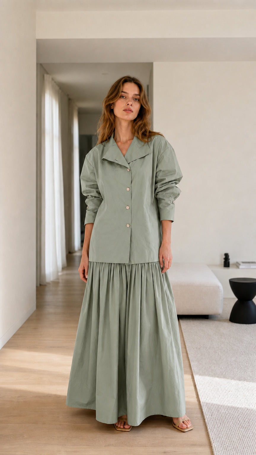 Model wearing sage two-piece set