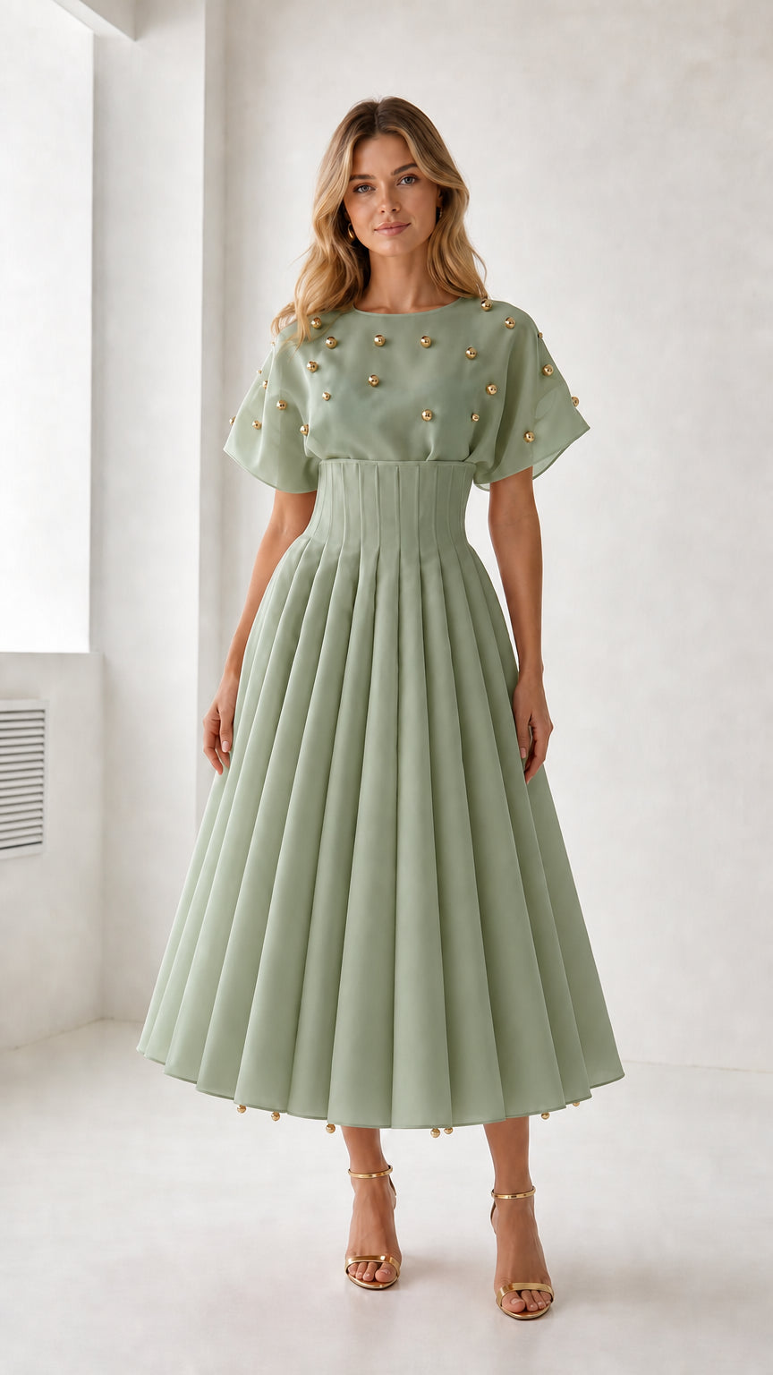 Model wearing sage color variant of the pleated midi dress