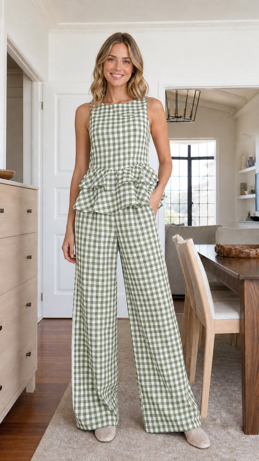 Model wearing sage green gingham matching set