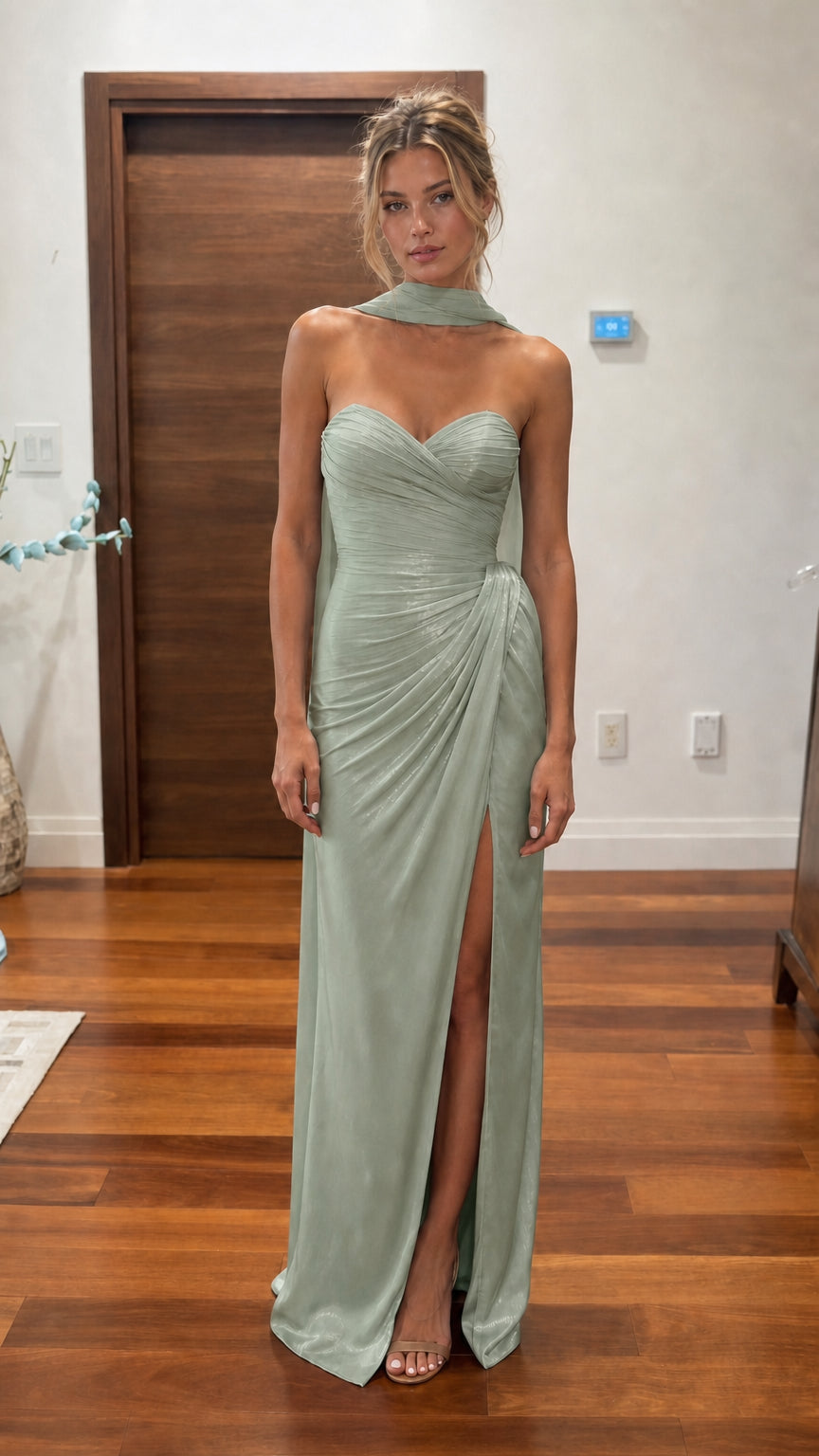 Sage green ruched halter maxi dress with front slit