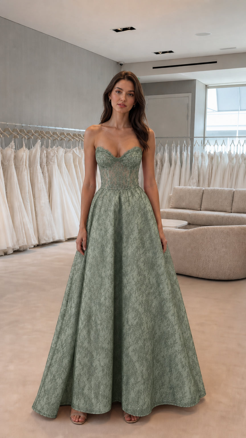 Front view of green strapless lace evening gown