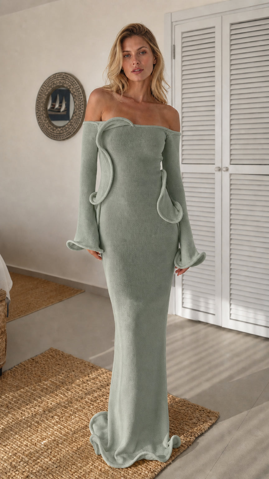 Front view of sage green off-shoulder ruffle knit maxi dress