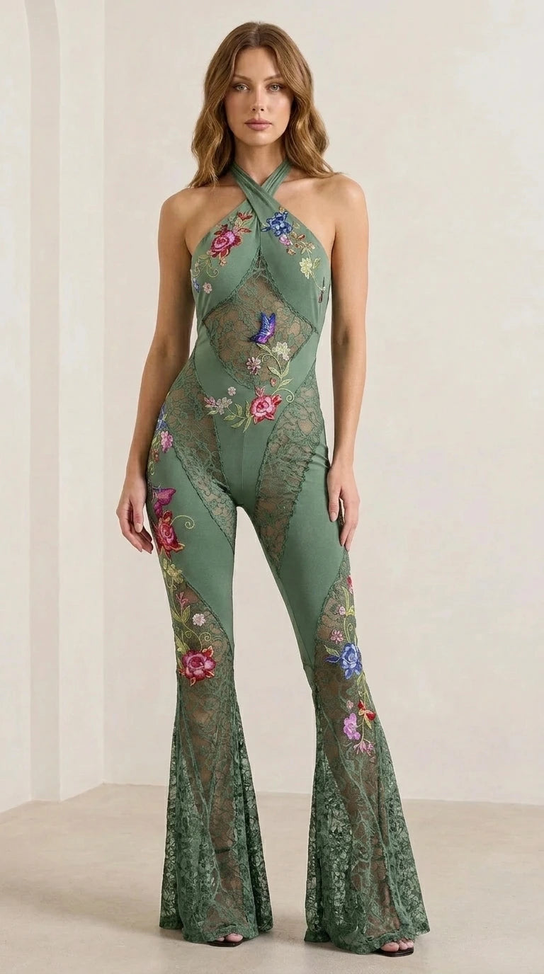 Sage green color variant of the floral embroidered lace jumpsuit