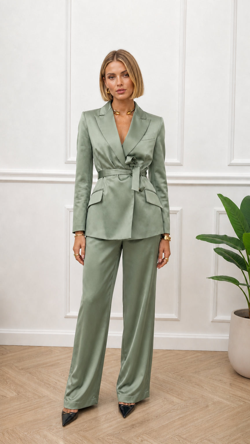 Woman wearing sage green satin two-piece suit