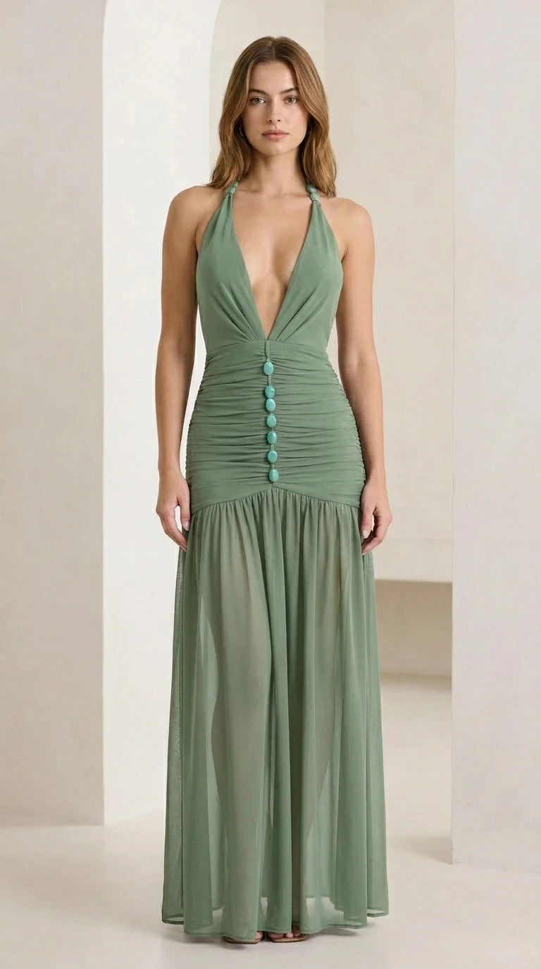 Front view of green halter neck ruched maxi dress