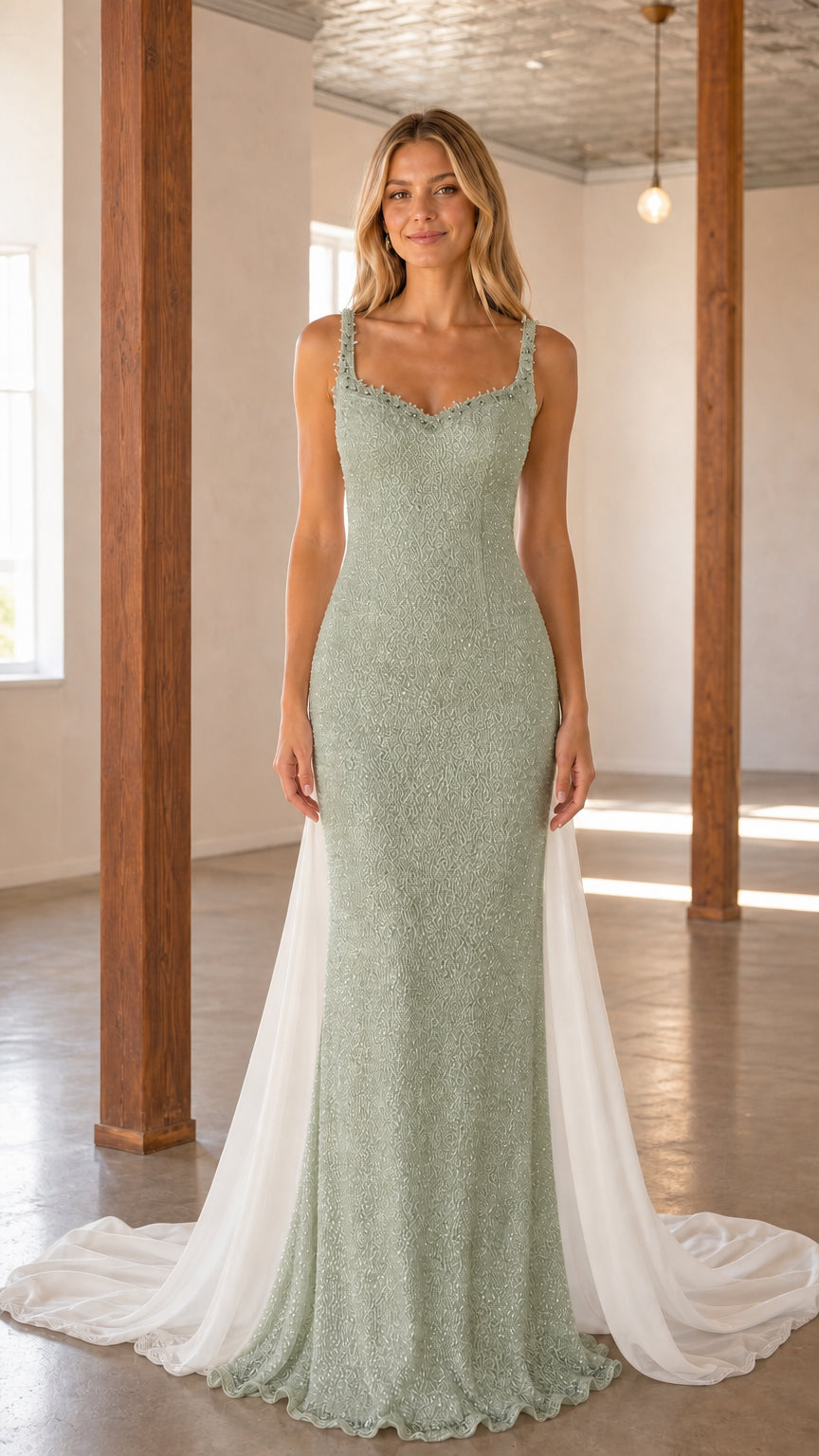 Front view of sage green evening gown variant