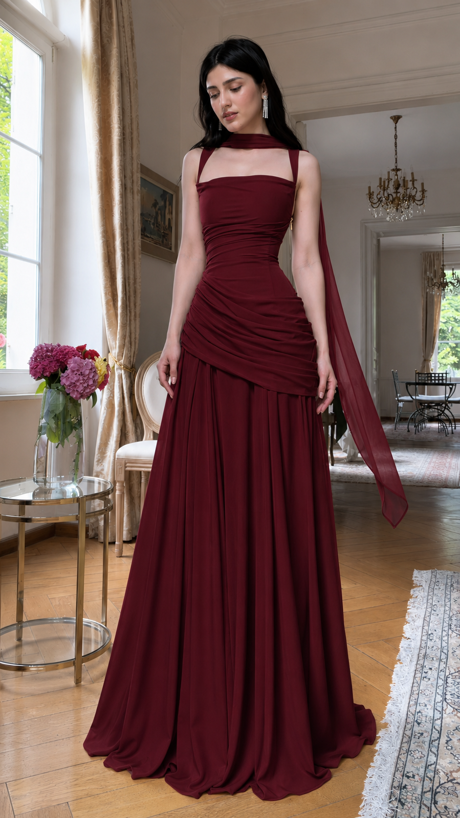 Front view of burgundy ruched formal dress with flowing full-length skirt