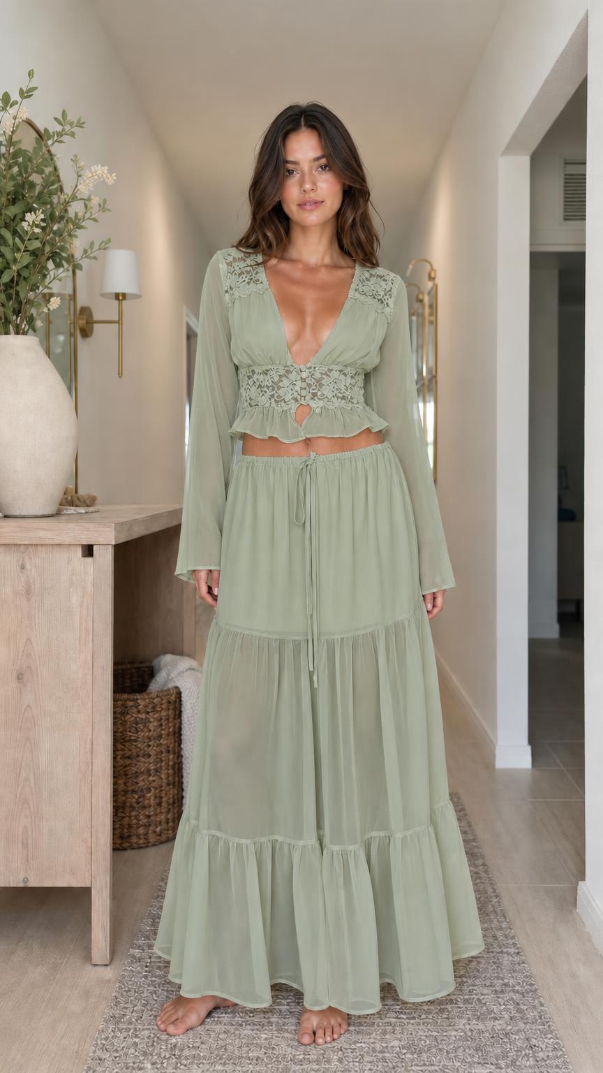 Model wearing sage green two-piece set
