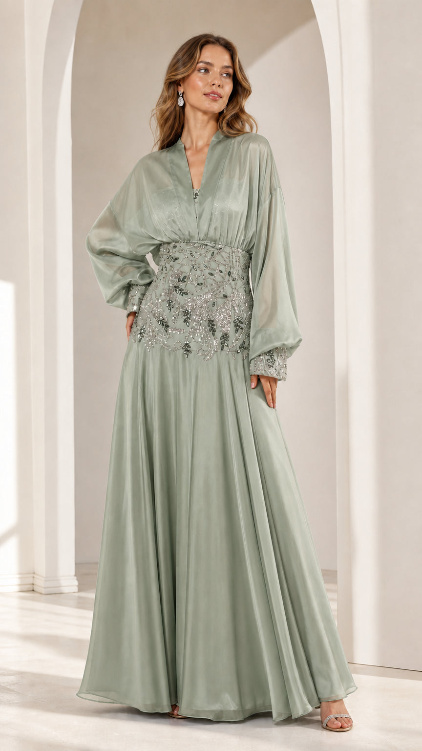 Full view of sage green chiffon maxi dress