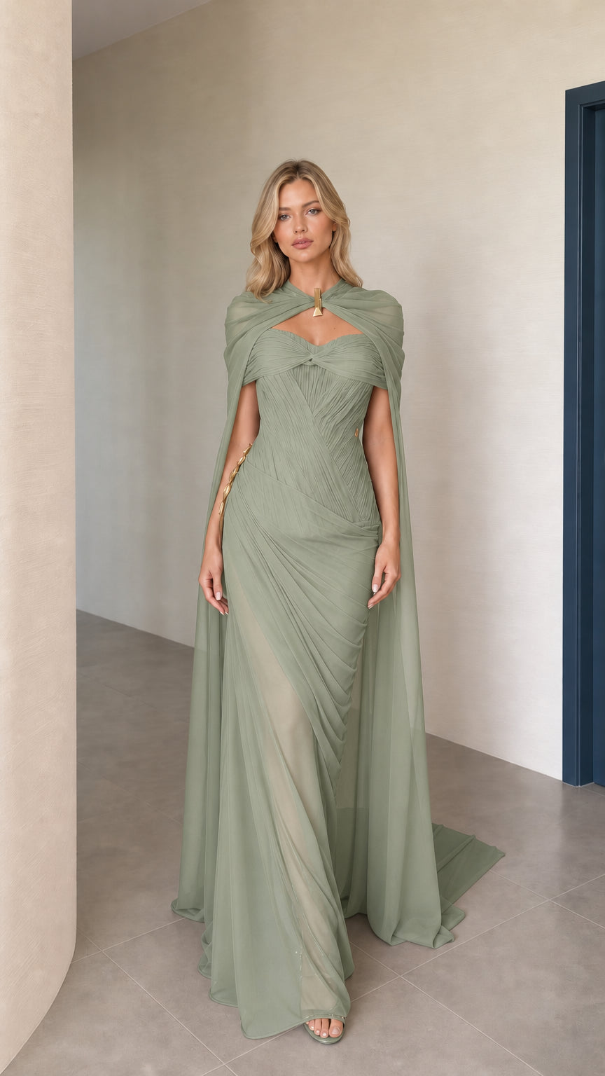 Front view of sage green cape maxi evening dress