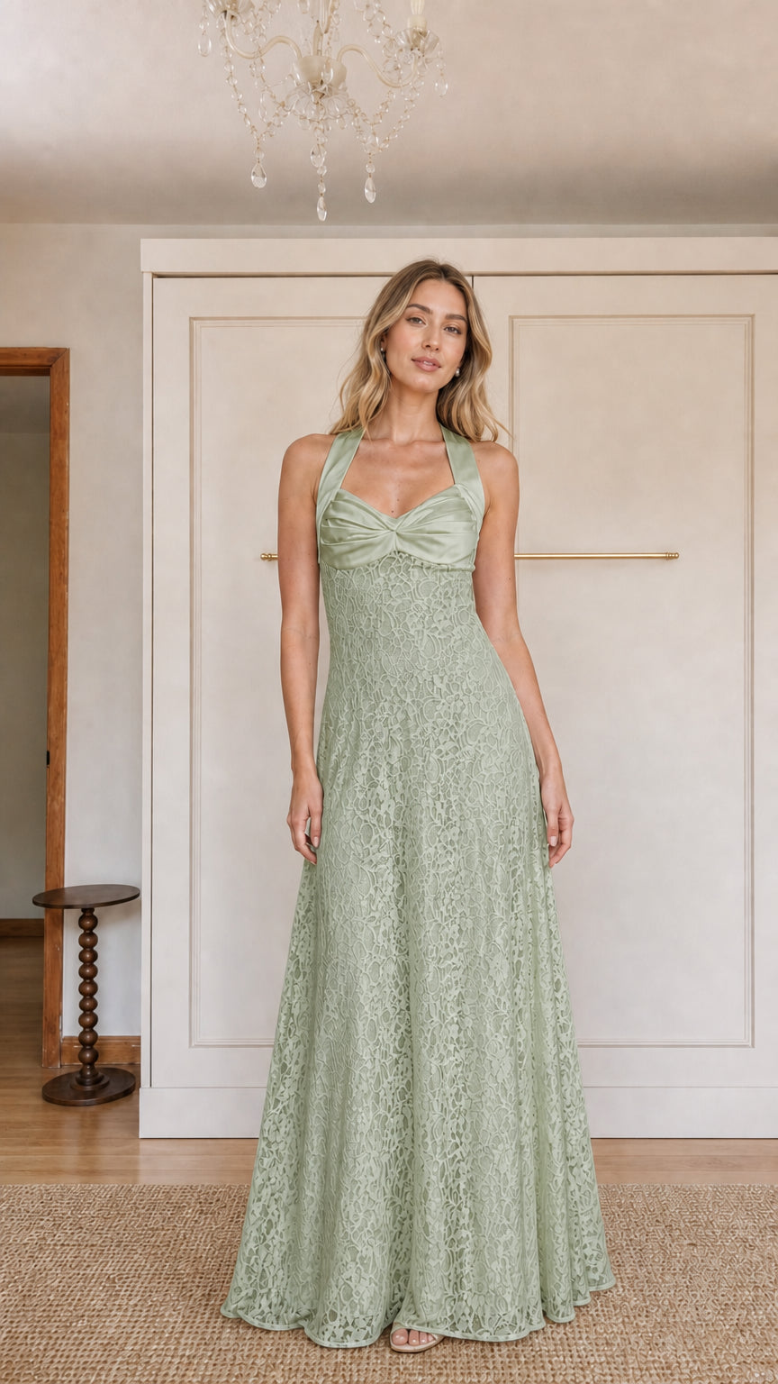 Front view of model wearing Sage Green halter neck lace maxi dress