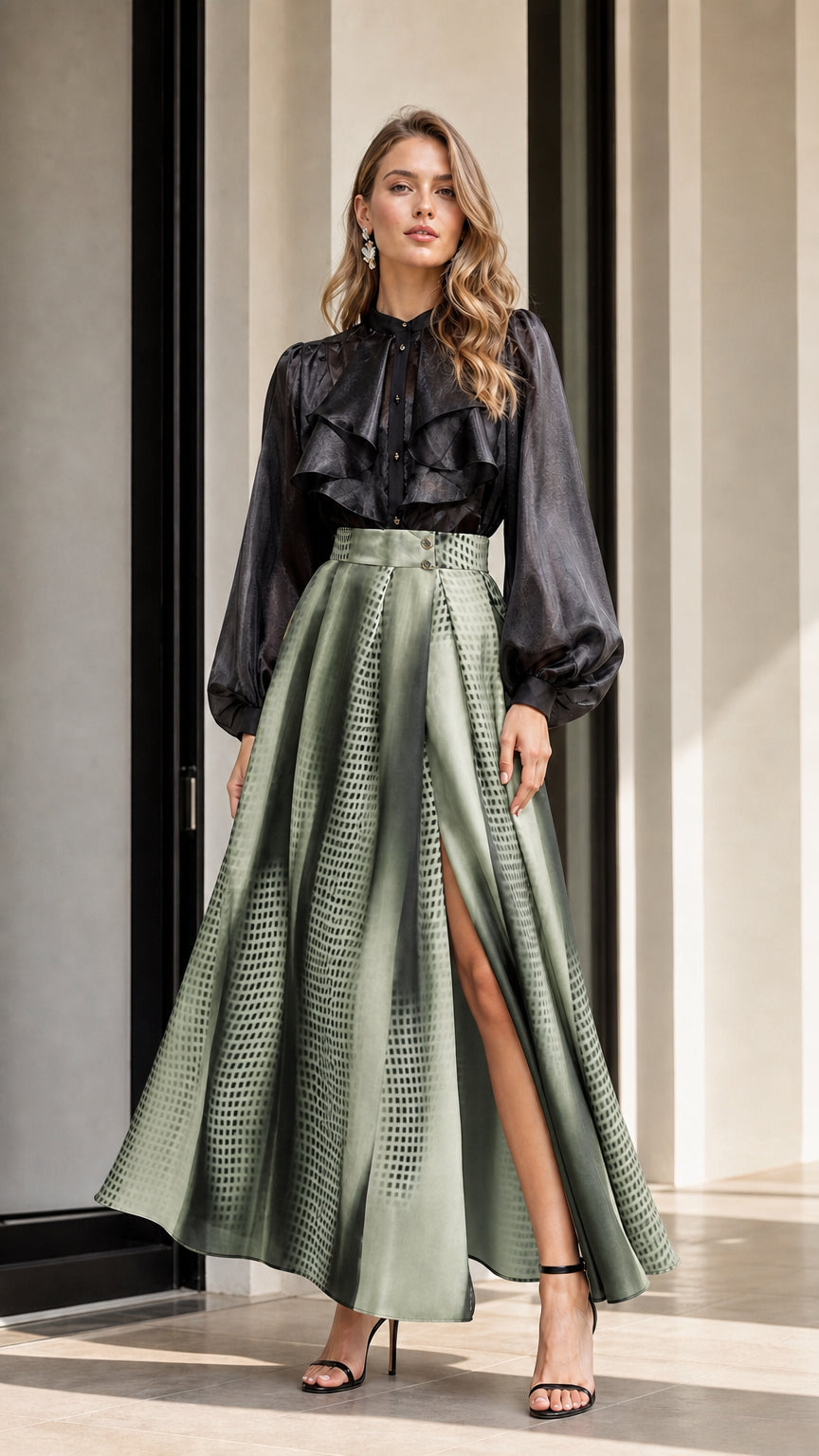 Model wearing green gradient maxi skirt with black ruffle blouse