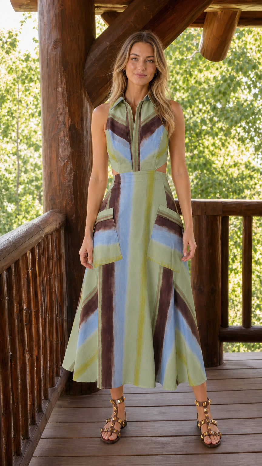 Front view of sage color variant of striped midi dress