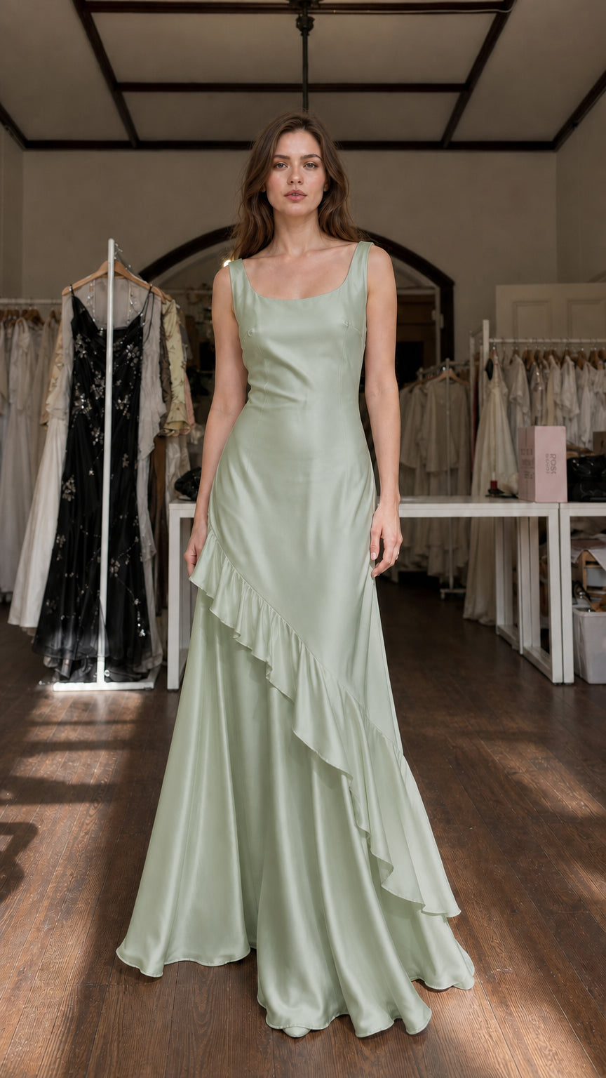 Model wearing Sage satin maxi dress
