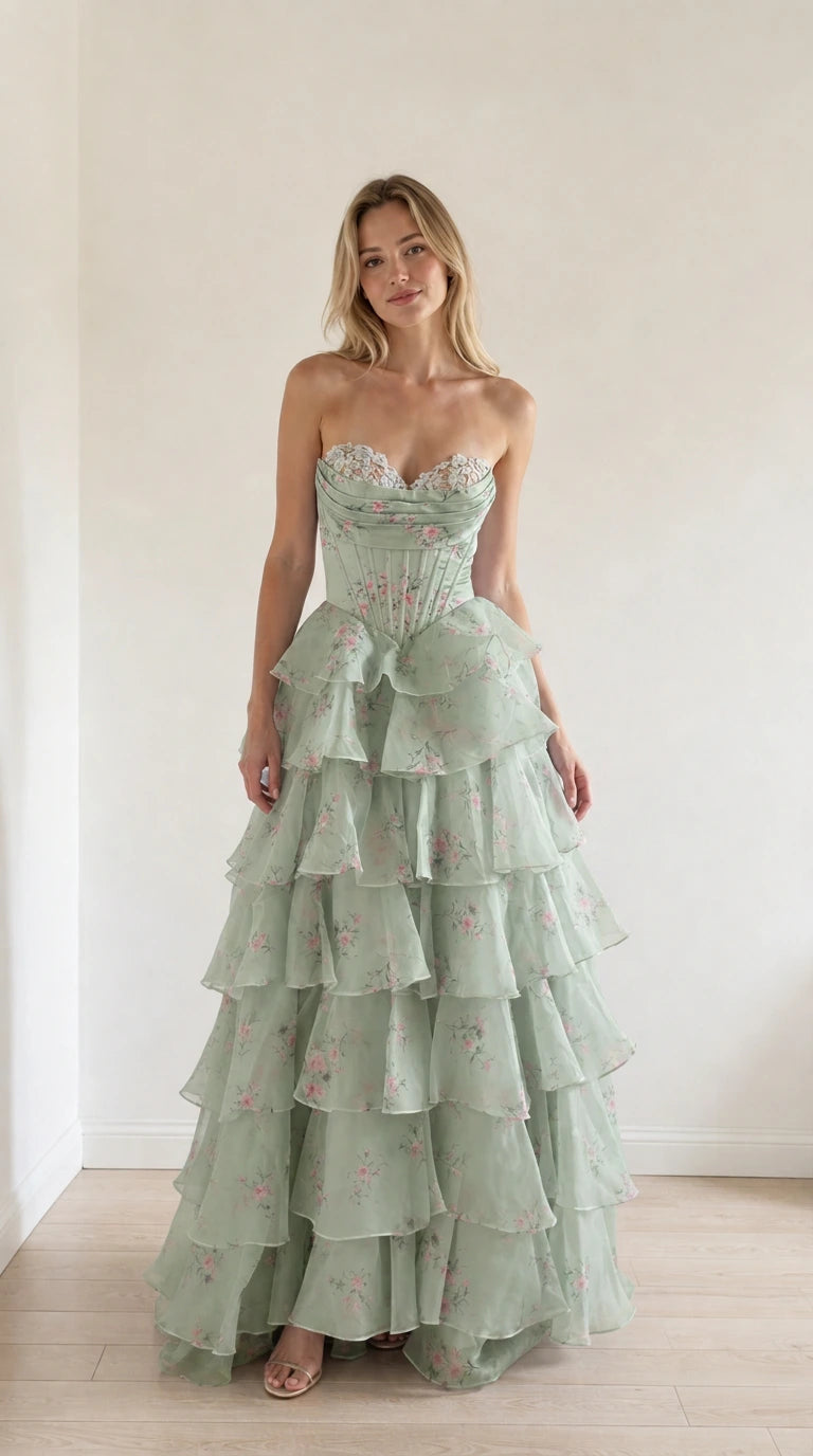 Model wearing sage green floral tiered ruffle strapless evening gown
