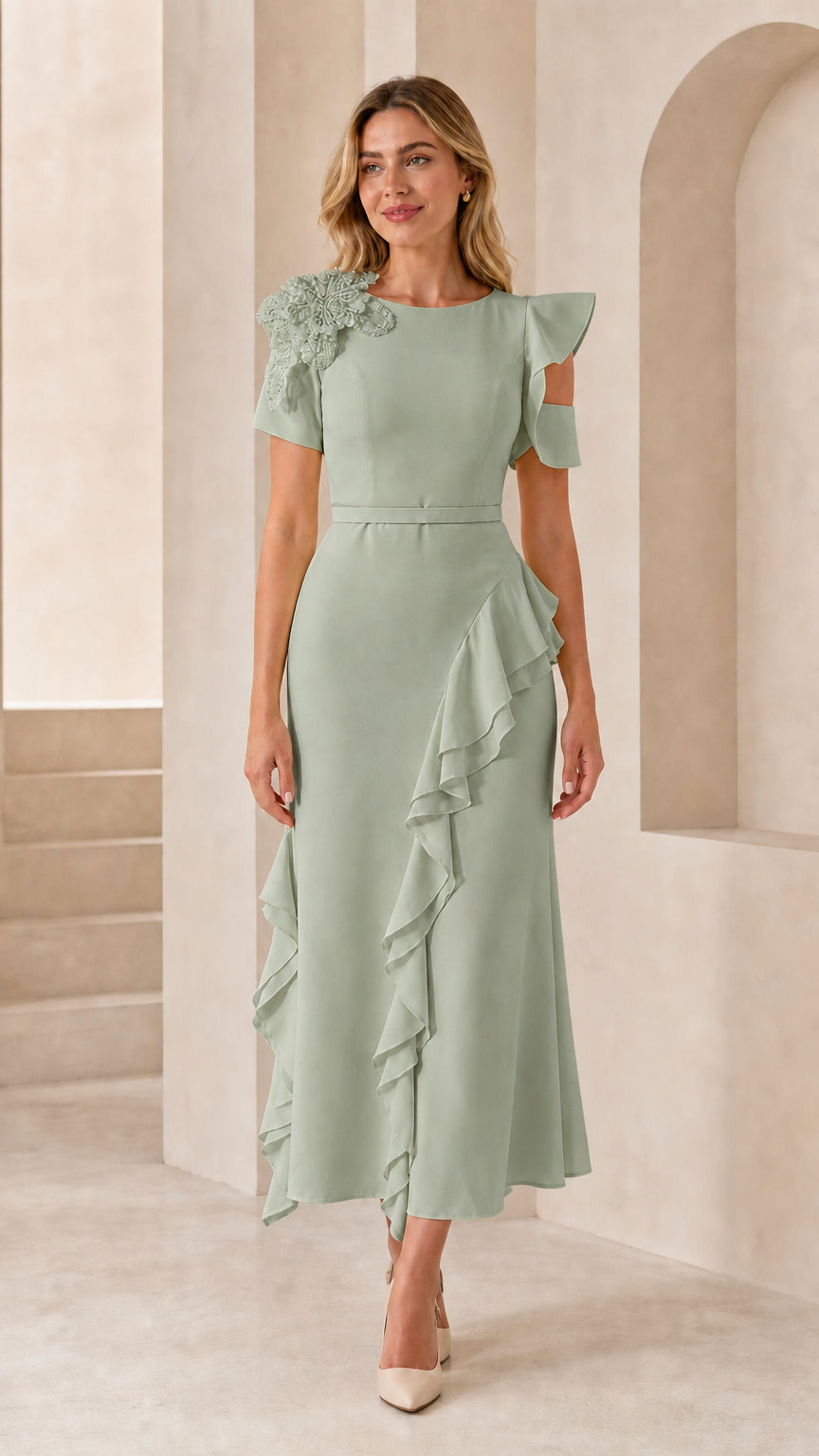 Front view of model wearing sage green beaded ruffle midi dress