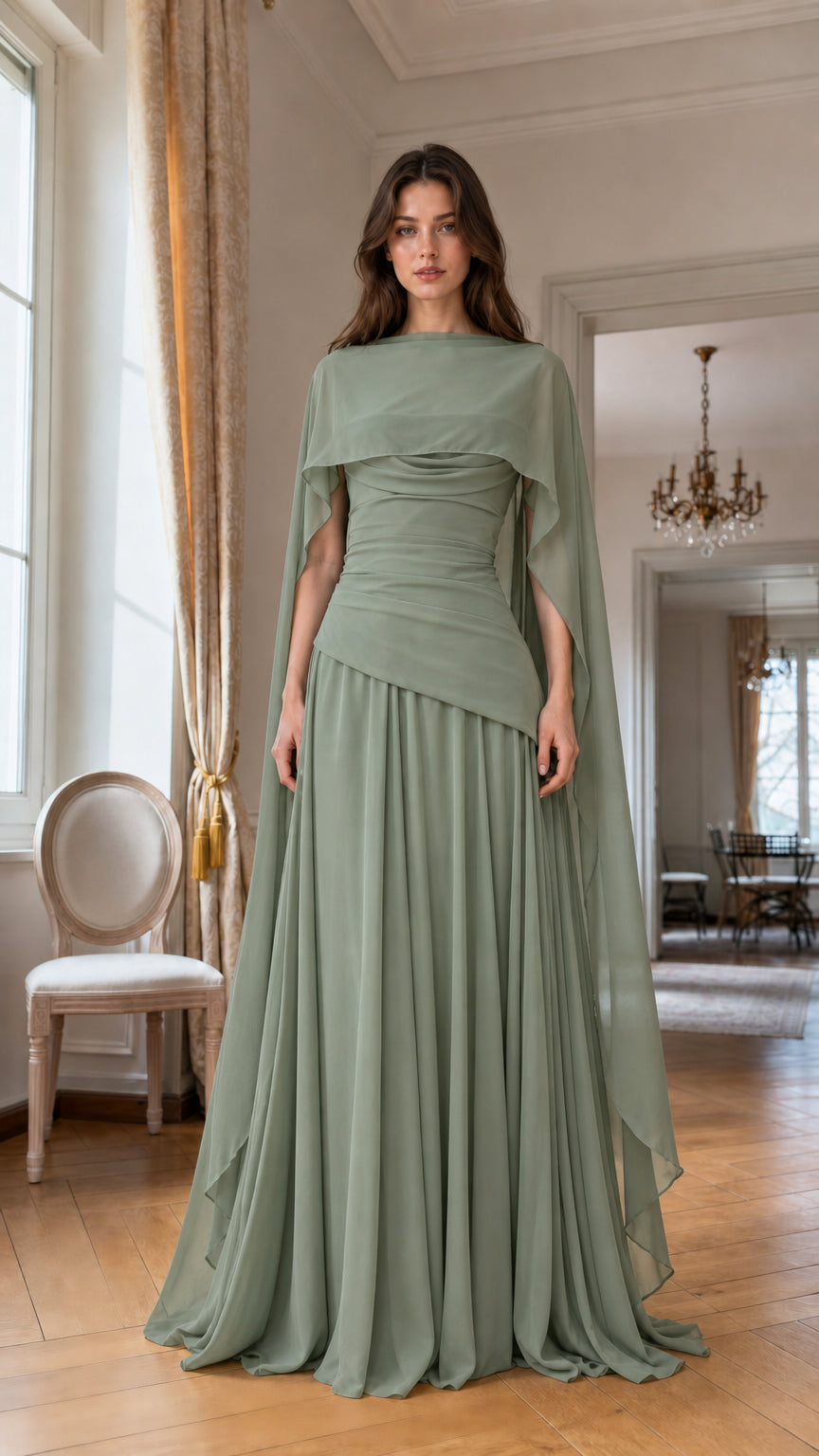 Full front view of Sage Green chiffon evening dress