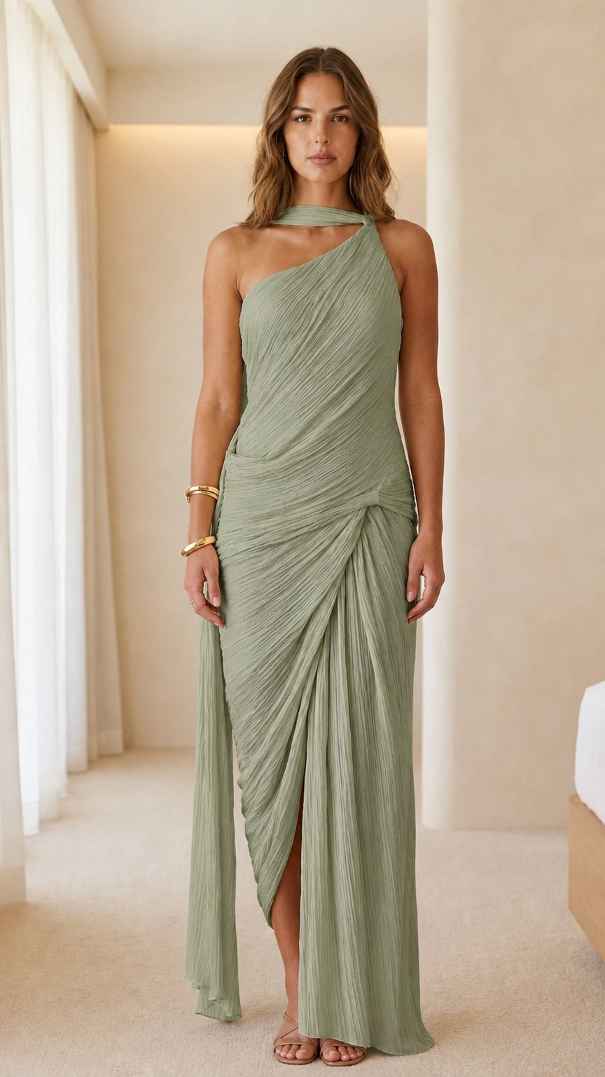 Front view of woman wearing sage green one-shoulder pleated maxi dress