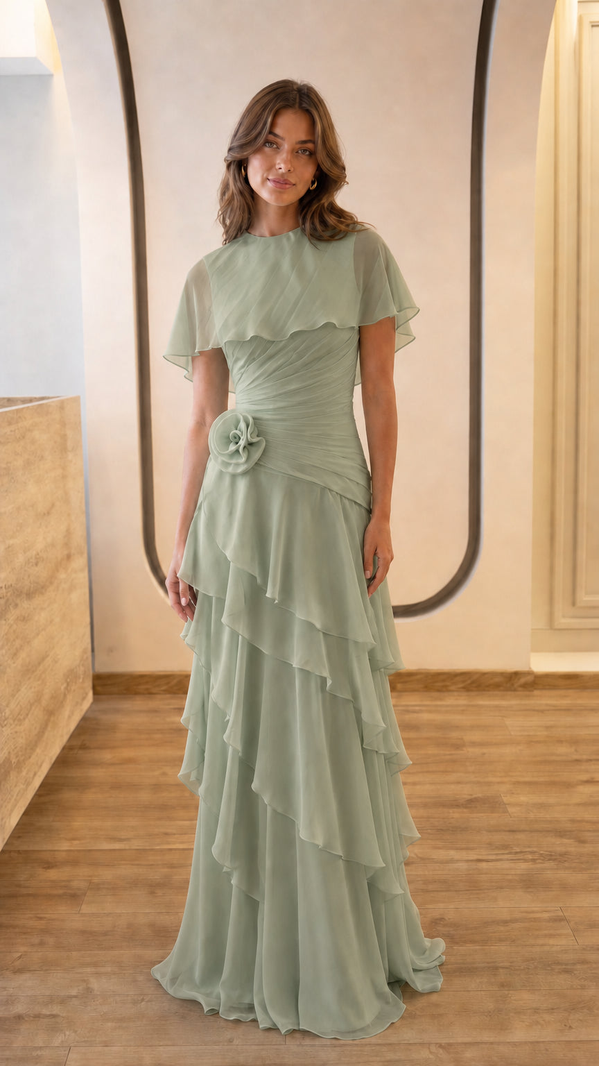 Full view of sage green formal dress with capelet sleeves