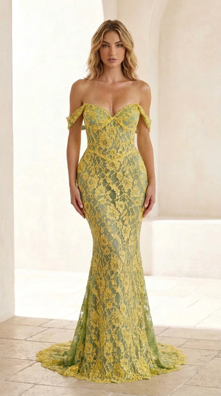 Front view of olive green lace evening gown