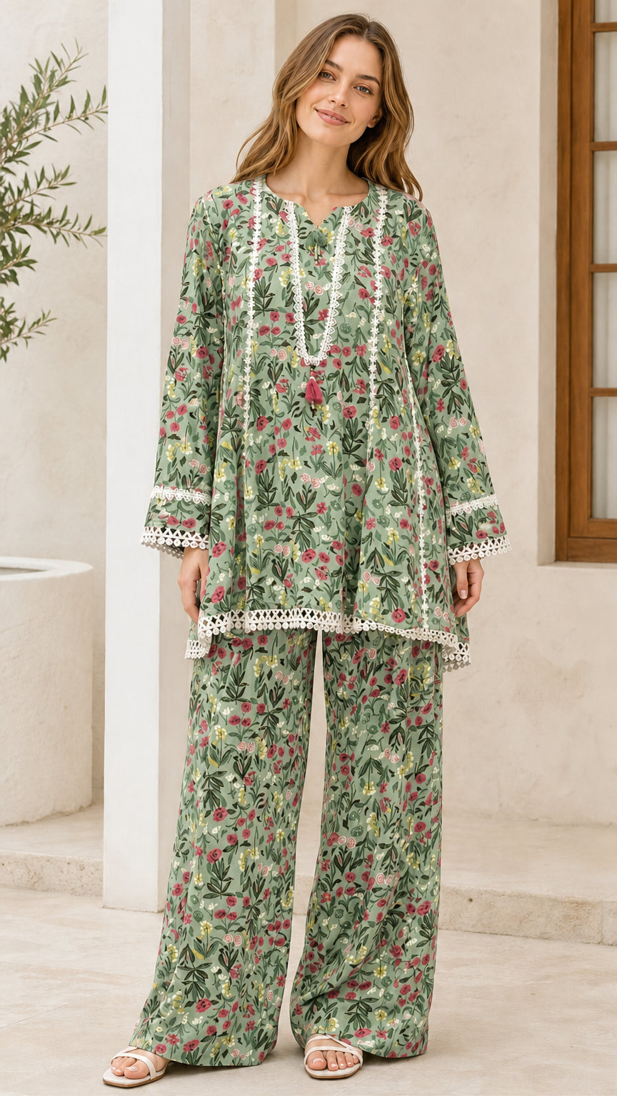 Model wearing green floral two-piece set