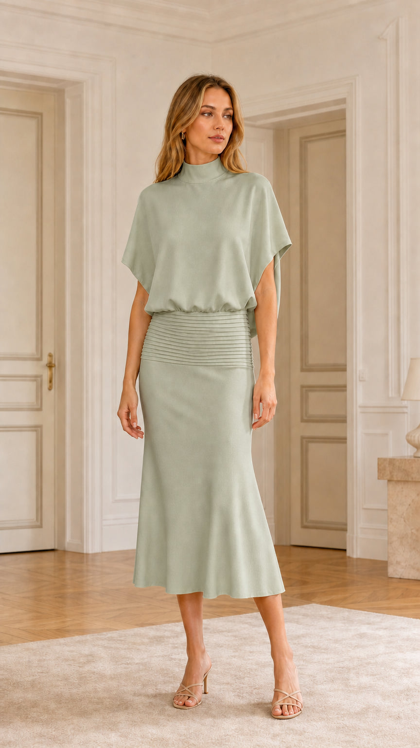 Front view of sage green mock neck midi dress
