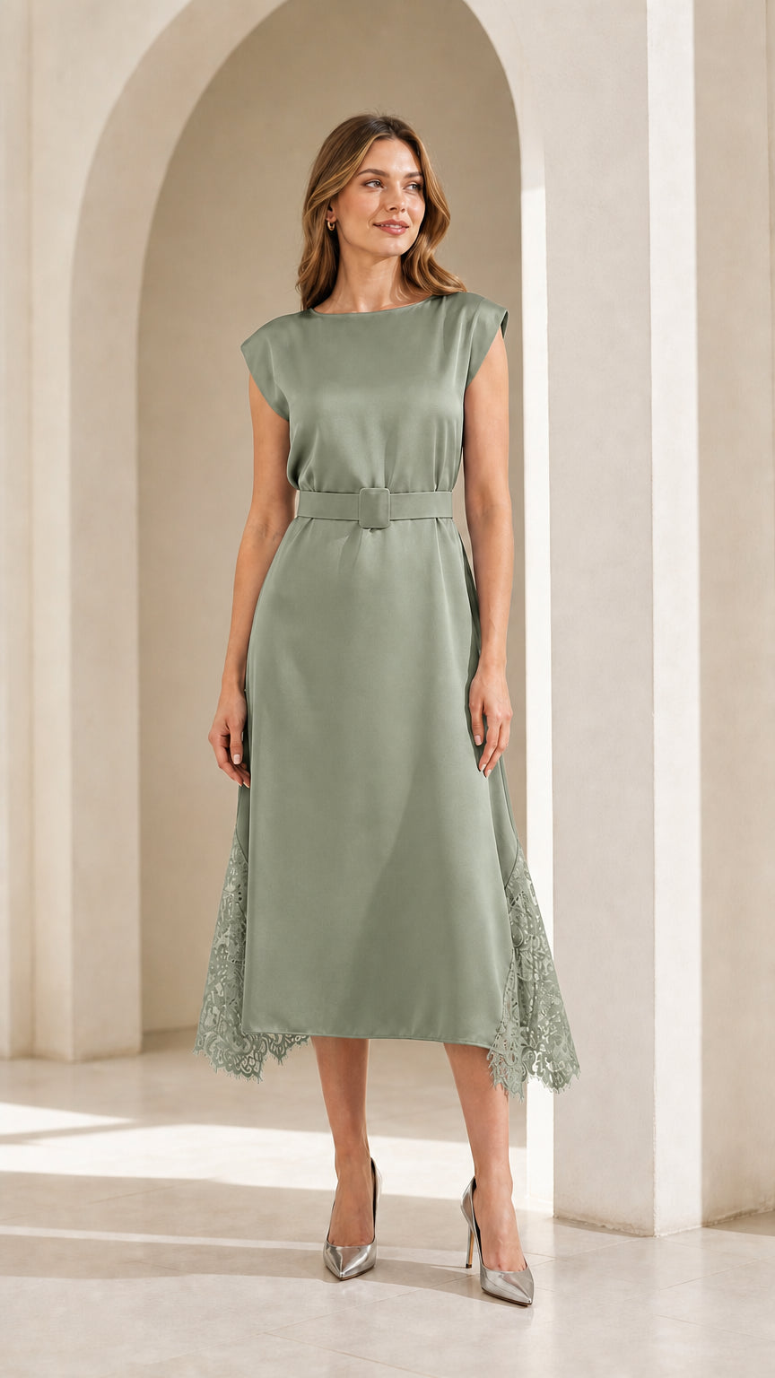 Model wearing sage green satin midi dress