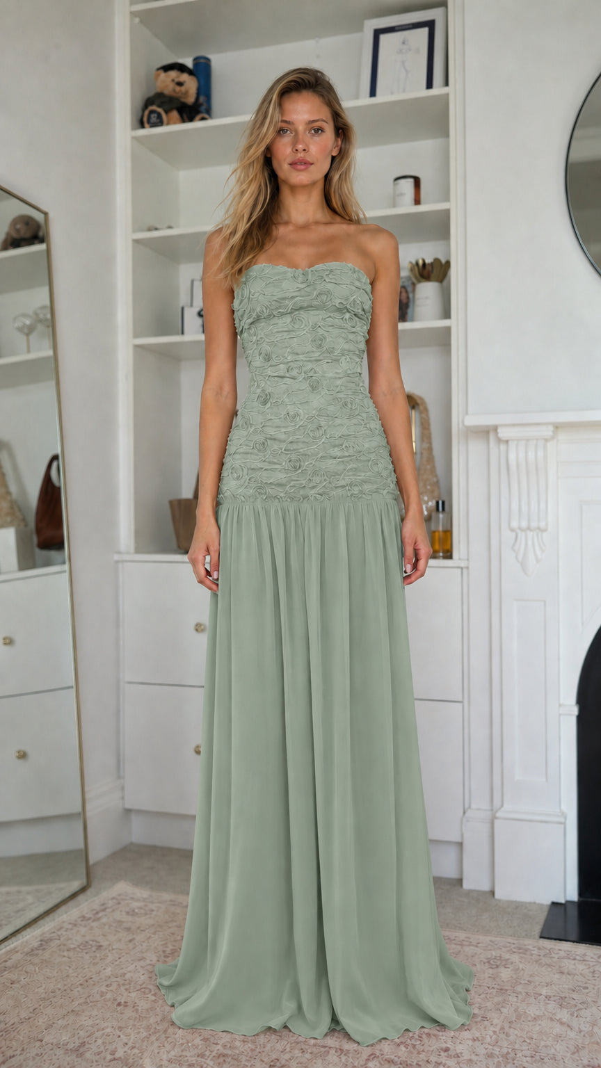 Elegance Strapless Textured Bodice Chiffon Maxi Dress in Sage
