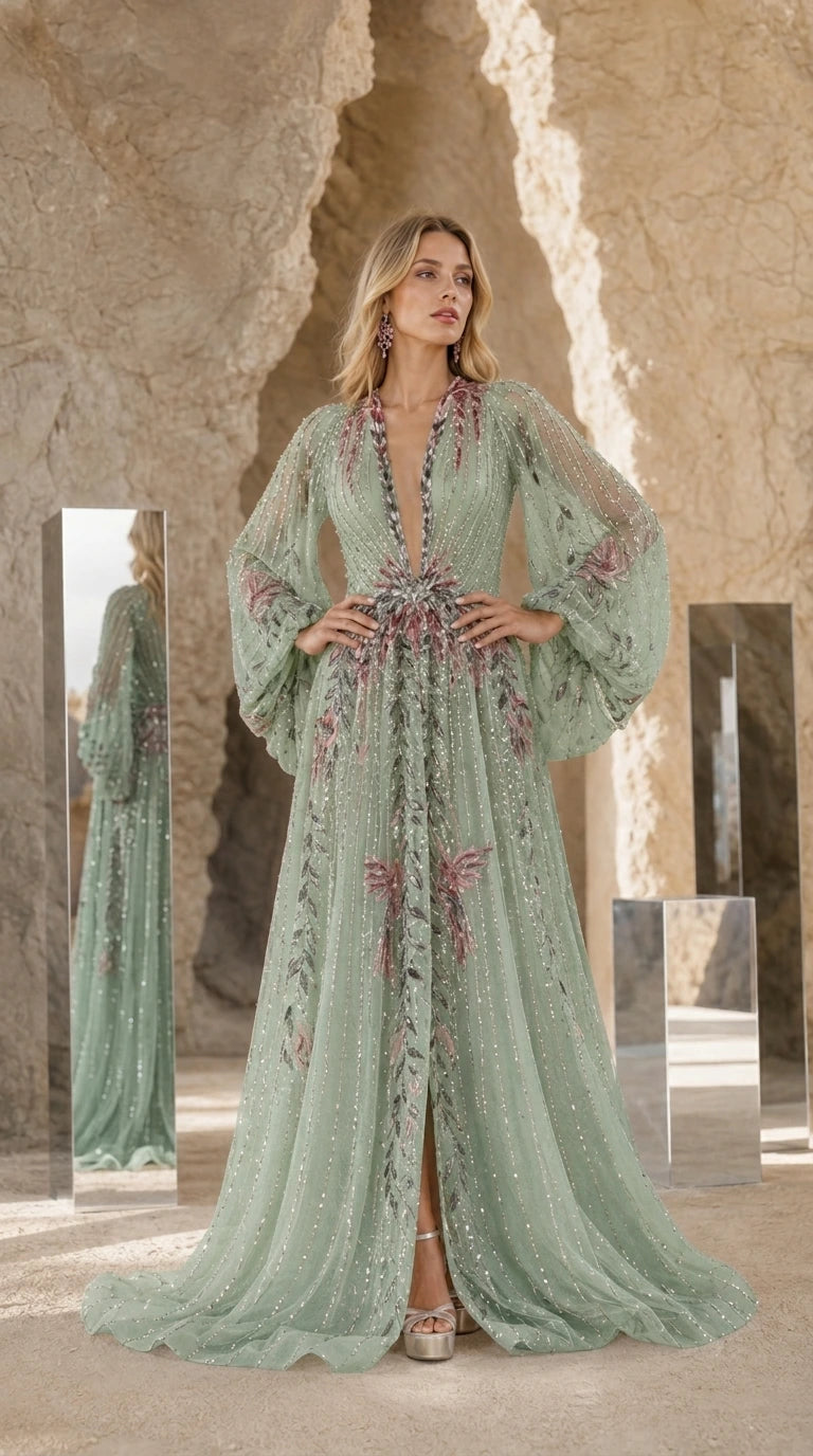 Front view of Sage Green embroidered beaded long sleeve evening gown
