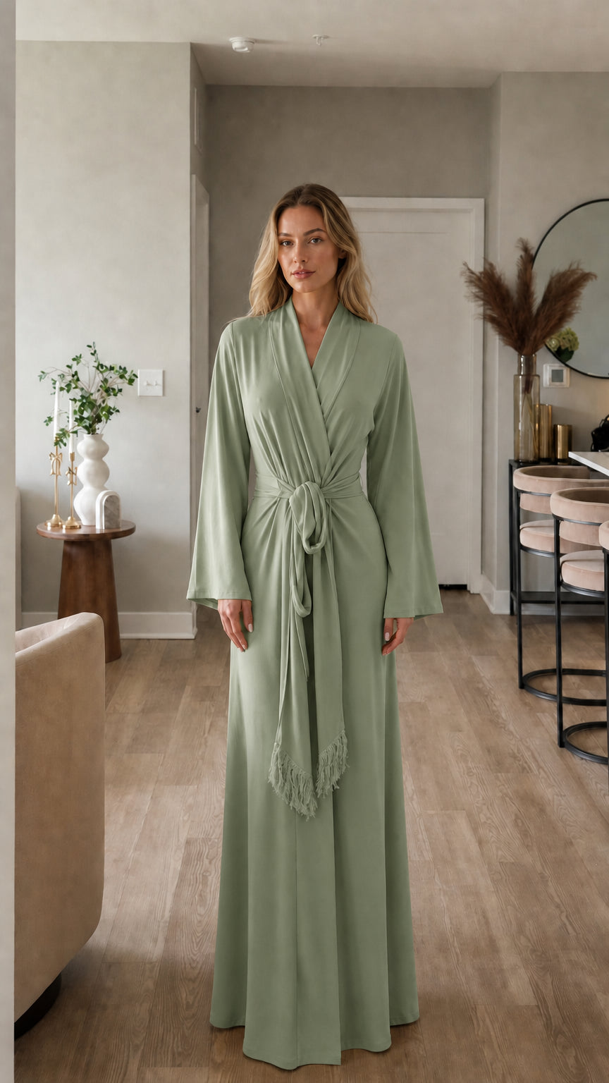 Full-length view of model in sage green maxi wrap dress