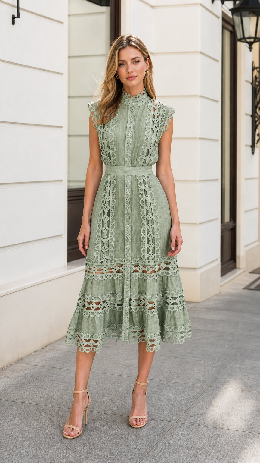 Front view of model wearing Sage Green lace midi dress