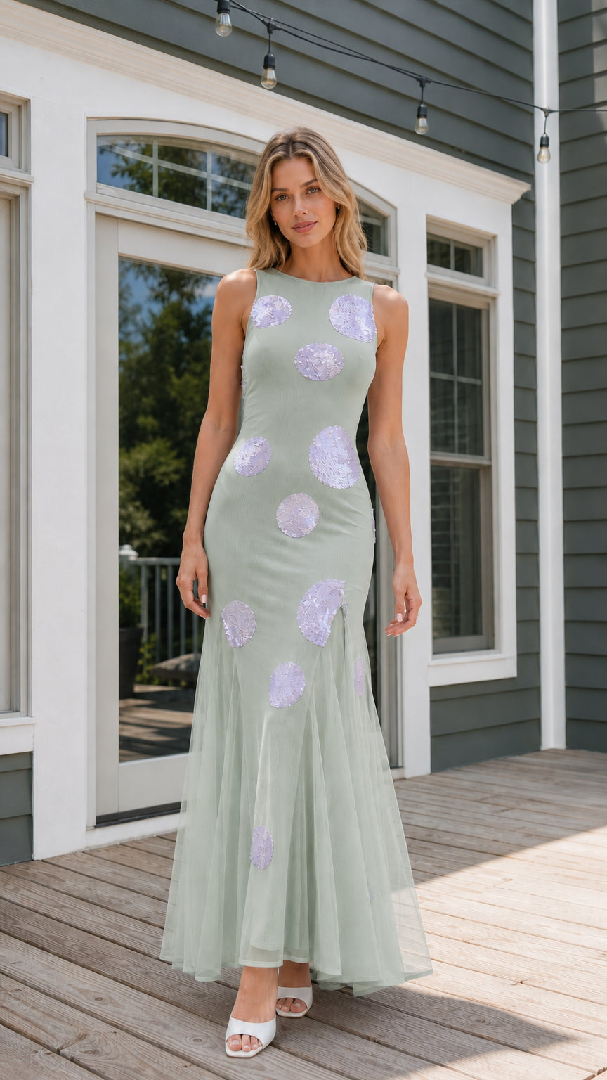 Sage green color variant of sequin polka dot maxi dress
