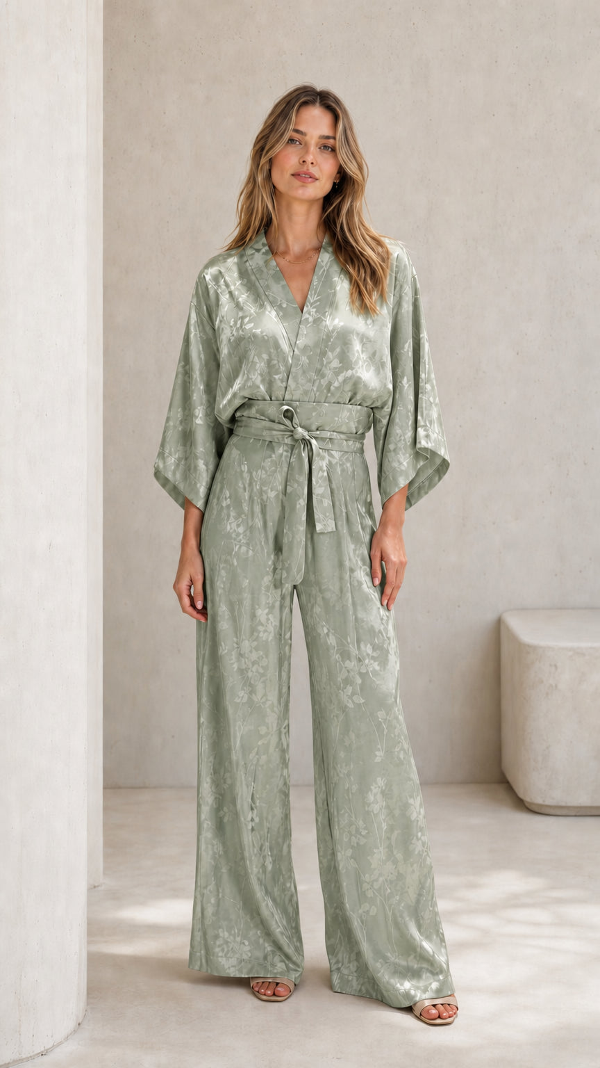 Woman wearing sage green satin jumpsuit