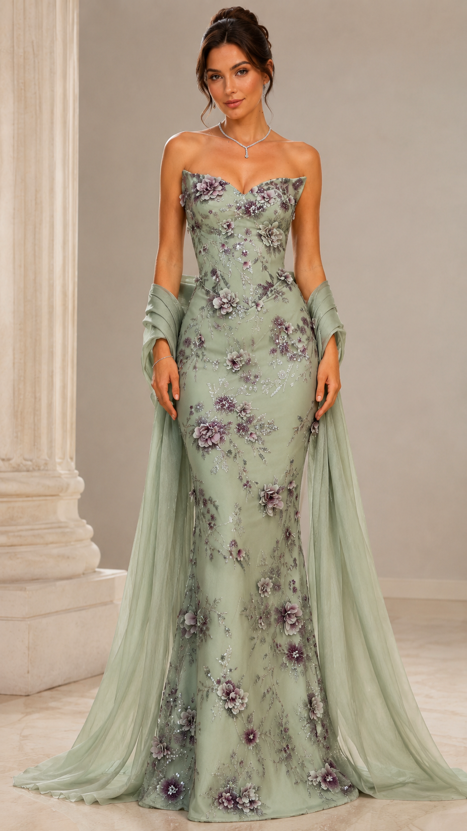 Front view of sage green floral mermaid gown with matching sheer shawl