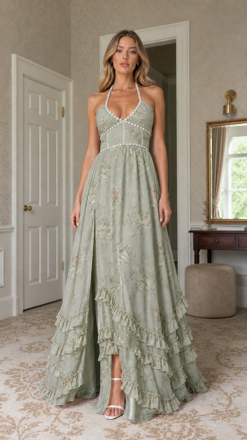 Model wearing sage green floral print pearl-trimmed halter maxi dress